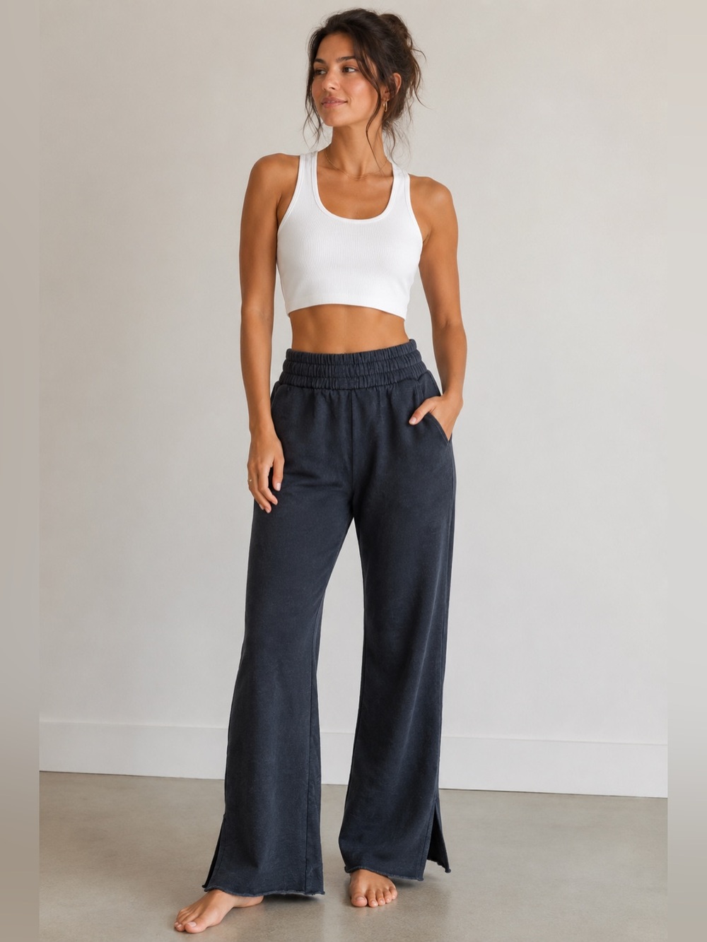 Risen Los Angeles Black Wide Leg Sweatpants Raw Hem Side Slit Lounge Pants